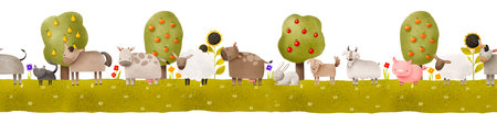 Farm seamless border pattern. Endless hand drawn background with cows, sheeps, horse, donkey and domestic animals. Landscape with fruit trees. Perfect for nursery, kids clothes, wallartの写真素材