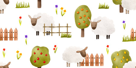 Farm seamless pattern with sheep. Cute cartoon sheep near fruit trees and wooden fence. Cute kids endless background. Use for wrapping paper, clothes, wall art, textileの写真素材