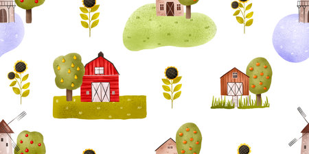 Seamless pattern of cute farm. Background of farm, windmill in cartoon hand drawn style. Landscape illustration with fruit trees and flowers. Perfect for Wallpaper, fabric, textile and wrapping paperの写真素材