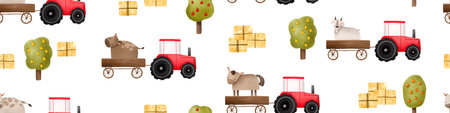 Seamless pattern of cartoon farm. Background of farm cute animals. Illustration with cow, horse, goat and red tractor. Good for Wallpaper, fabric, textile, wrapping paper designの写真素材