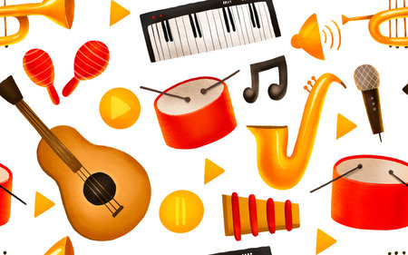 Seamless pattern with musical instruments. Cute baby background. Ideal for printing and textiles. Hand-drawn illustrationの写真素材