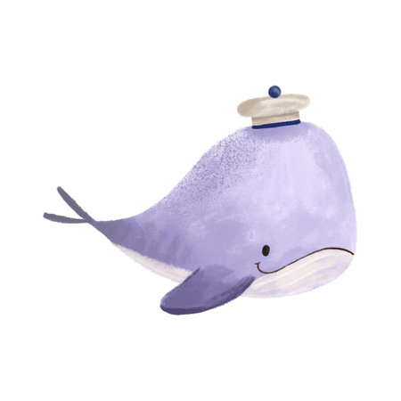 Blue cartoon whale wearing a sailor's hat. Cute hand drawn baby illustration on isolated backgroundの写真素材
