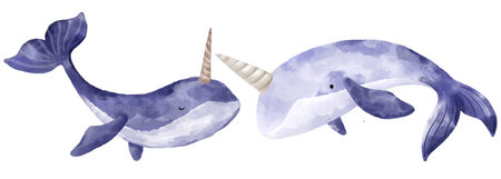 Watercolor whale. Fishes and the underwater world. Cute baby illustration on isolated backgroundの写真素材