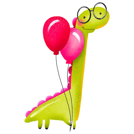 Green cartoon dinosaur with glasses and pink balloons celebrating birthday. Hand drawn holiday illustration on isolated backgroundの写真素材