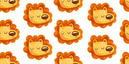 Seamless background with a portrait of a lion. Children's cartoon illustration. Hand drawn background for childrenの写真素材
