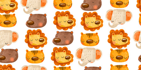 Seamless background of animal portraits. Cute face of wild animals. Elephant bear lion and tiger. Cute baby pattern on isolated backgroundの写真素材