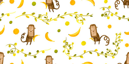 Seamless pattern with cartoon monkeys with a banana near the vines. Nature jungle. Children's hand drawn illustration on isolated background. Ideal background for textiles and printsの写真素材
