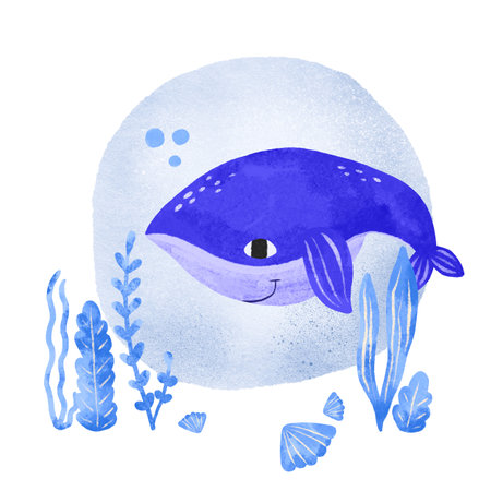 Composition with a blue whale on the seabed with algae and corals. Cute hand drawn illustration on isolated backgroundの写真素材