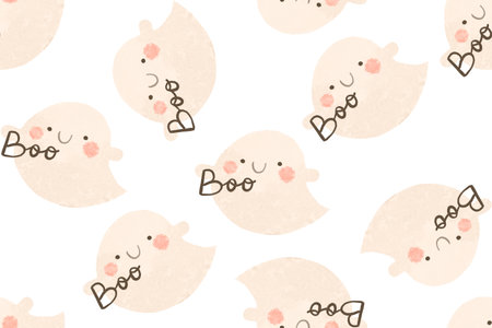 Seamless pattern with cartoon ghosts. The ghost is scary. Halloween background. Cartoon designの写真素材