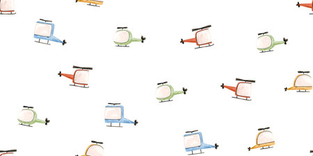 Seamless pattern with cartoon colored helicopter. Background with air transport. Travel by sky. Airplane. Hand drawn illustration on isolated backgroundの写真素材