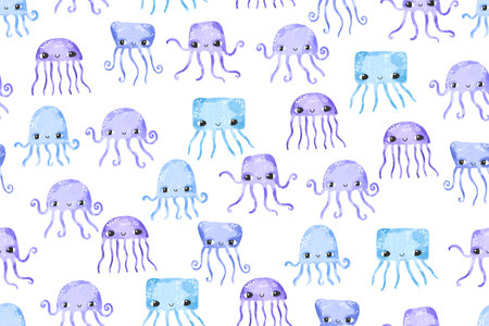 Seamless pattern with blue jellyfish. Underwater world and ocean animals. Background for children....