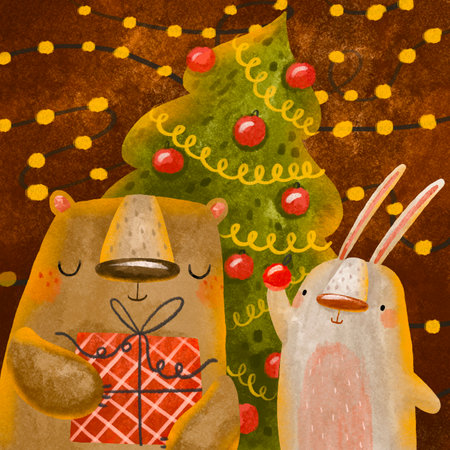 Christmas card with bear and rabbit celebrate winter holidays. Happy holidays. New year designの写真素材