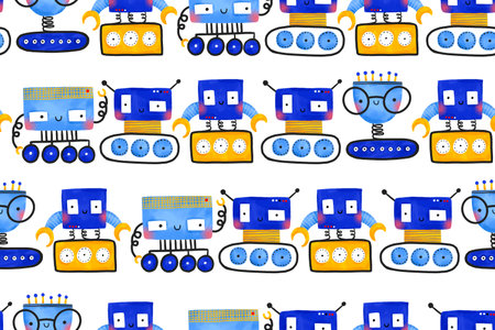Seamless background with blue and yellow electronic robots. Cartoon cyborgs and machinery...