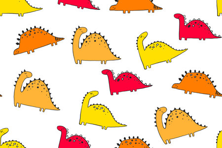 Seamless pattern with orange cartoon doodle dino. Childish endless background for textile, wrapping paper, nursery. Dinosaur backgroundの写真素材