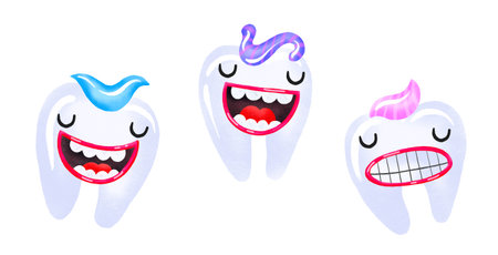 Cartoon teeth smiling. Oral care and teeth whitening. Cartoon illustration for children. Brushing...