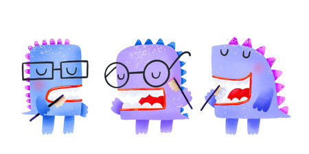 Set ot funny cartoon monsters cleaning teeth with toothbrush. Dental and oral care for children. Dentistry isolated poster for childrenの写真素材