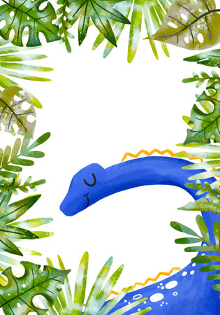 Greeting card with tropical palm leaves, monstera leaves. Vertical frame with blue long neck dinosaur brontosaurus. Dino baby shower invitation. Cartoon illustration templateの写真素材