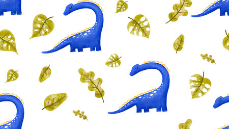 Seamless pattern with tropical monstera leaves and cartoon dinosaur. Dinosaur hand drawn. Child illustration on isolated backgroundの写真素材