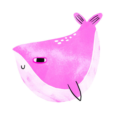 Pink whale. The underwater world of fish, at the bottom of the ocean. Cartoon simple illustration. Children's hand drawn illustration on isolated backgroundの写真素材