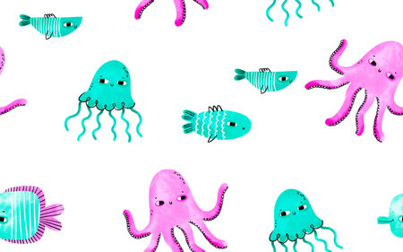 Seamless pattern with fish. The underwater world of Oceania. Background for print, textile and children's bedroomの写真素材