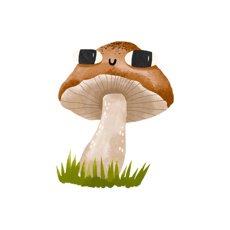 Fairytale mushroom with a brown cap on the grass, mycelium. Cute mushrooms with eyes. Children's autumn illustration. Cute hand drawn cartoon illustration on isolated backgroundの写真素材