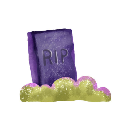 Grave with tombstone and inscription RIP. Illustration for the holiday of Halloween. Children's hand drawn illustrationの写真素材