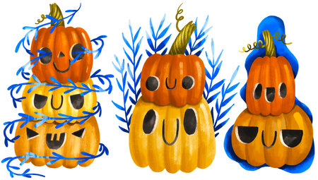 Set of Pumpkins with carved faces with bright blue leaves and branches around. Orange pumpkins. hand drawn cartoon illustration on isolated background for Halloween holidayの写真素材