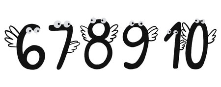 Set of numbers from six to ten. Handwritten numbers. Children's cartoon illustration on isolated backgroundの写真素材