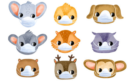 Lively cartoon animals in medical masks. Coronavirus virus, diseases and protection. Hand drawn illustration on isolated backgroundの写真素材