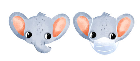 Cartoon elephant with and without medical mask. Diseases and viruses, coronavirus epidemic. Hand drawn illustration on isolated background.の写真素材