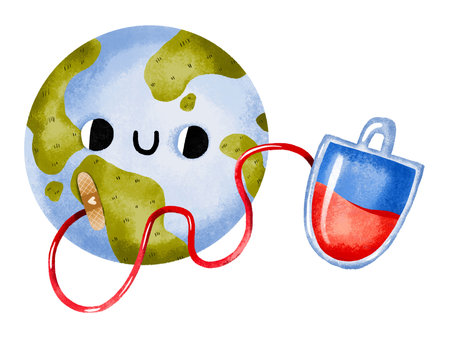 Illustration for Blood Donation Day. Planet Earth donates blood. Cartoon illustration on isolated backgroundの写真素材