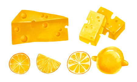 Set of food with cheese and lemons. Delicatessen and dairy products. Collection on isolated...