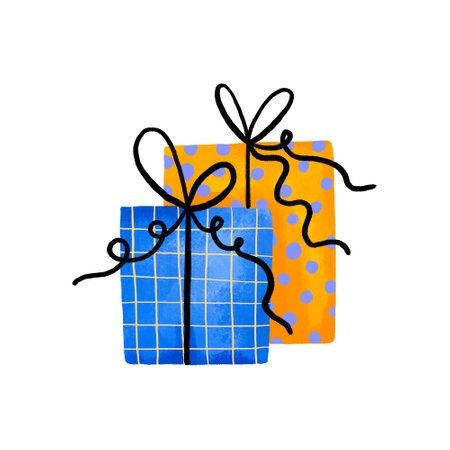 Festive birthday gifts. Hand drawn illustration on isolated backgroundの写真素材