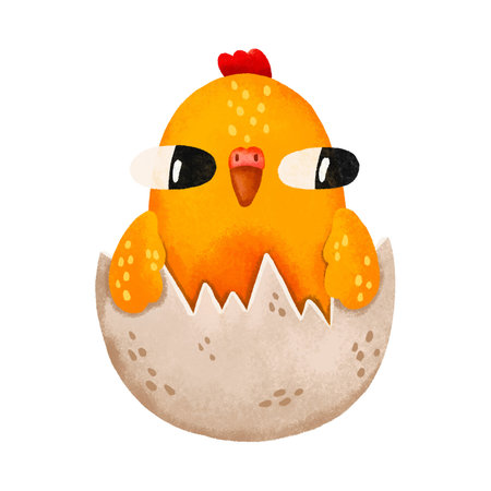 Yellow chick hatched from egg. Newborn. Cartoon illustration with chicken. Easter spring illustration on isolated backgroundの写真素材