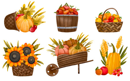 Fruits and vegetables in wicker baskets. Vector cartoon illustration.の写真素材