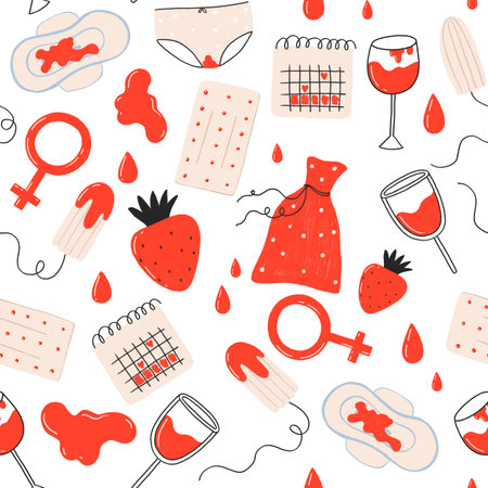 Woman menstruation seamless pattern. Tampon, feminine. Care hygien menstruation. Hand drawn cartoon illustrationの写真素材