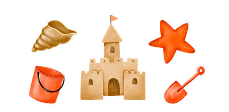Cartoon sand castle. Isolated sandcastle, sands castle construction and shells. Sandcastle sculpture. Cartoon summer palace. Hand drawn illustration of cartoon castle sand on isolated backgroundの写真素材