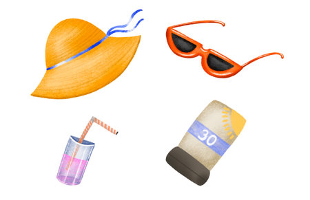 Set cute summer holiday beach elements. Hat, cocktail, sunglasses and suncream. Hello summer clipart. Cartoon hand drawn illustration.の写真素材