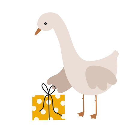 Goose with present. Birthday goose vector hand drawn illustration. Goose celebrate happy birthday. Kids, baby, children cartoon illustrationのイラスト素材