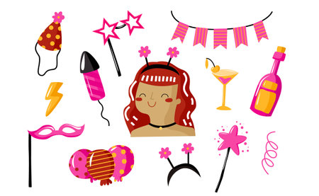 Birthday Vector party. New Year and Christmas eve. December party. Celebrating winter holidays. Happy birthday pink cartoon setのイラスト素材