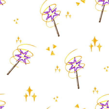 Magic wand seamless pattern. Hand-drawn cartoon fairy magic wand with purple star at the end iand splash, dots. Magic equipment for wizard patternの写真素材
