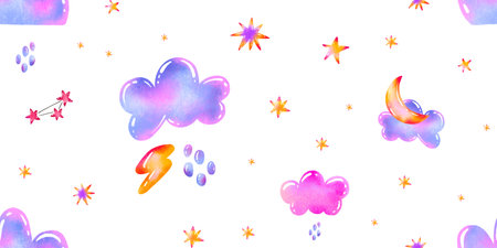 Weather cartoon pattern with clouds, stars and rain. Space background for kids. Baby room, new born children nursery, textile, printの写真素材