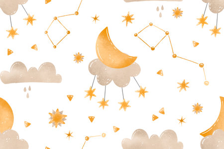 Gender neutral sky pattern with clouds, stars, golden moon. Dream Fairytale background for kids....
