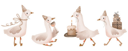 Silly goose Birthday set. Baby geese, duck celebrating birthday. Gender party beige color. Gender neutral baby shower decorationの写真素材