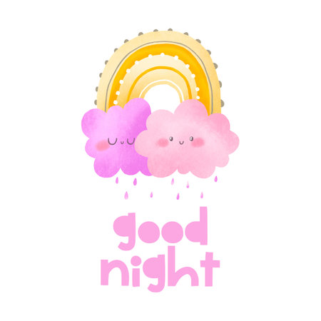 Bedroom poster good night with cloud and rainbow. Banner for baby girl room. Hand drawn illustrationの写真素材