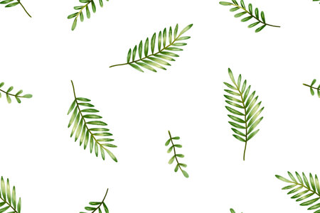 Green leaves simple endless background. Hand drawn watercolor patternの写真素材
