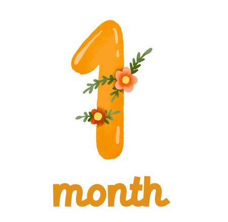 Number 1. Flower ornate one number monthly milestone card. Elegant blossom number, floral. Vector illustration. Print baby shower, baby birthday. Kids birthday card.のイラスト素材