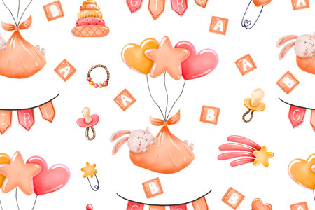 It's a girl things. Baby girl baby shower clipart. Rabbit Girl with balloon seamless pattern. hand drawn background. Newborn design for shirt design, fashion print design fashion graphic kids clothes.の写真素材