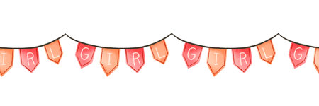 Pink Flags on string with girl inscription. Baby shower border pattern. Announcement its a girl backgroundの写真素材