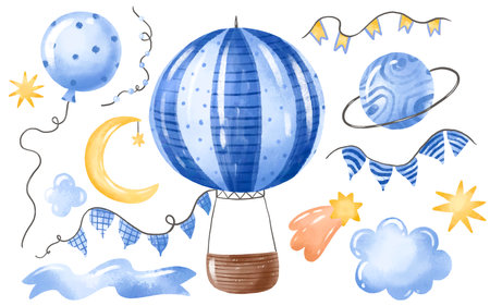 Baby boy blue sky elements and hot air balloon clipart. Hand drawn cartoon watercolor collectionの写真素材